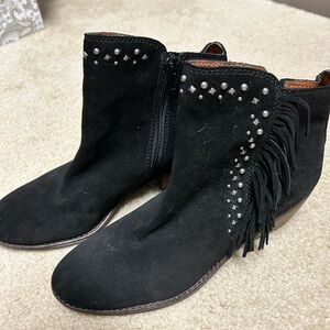Lucky Brand Black Suede Ankle Boots with Fringe and Studs